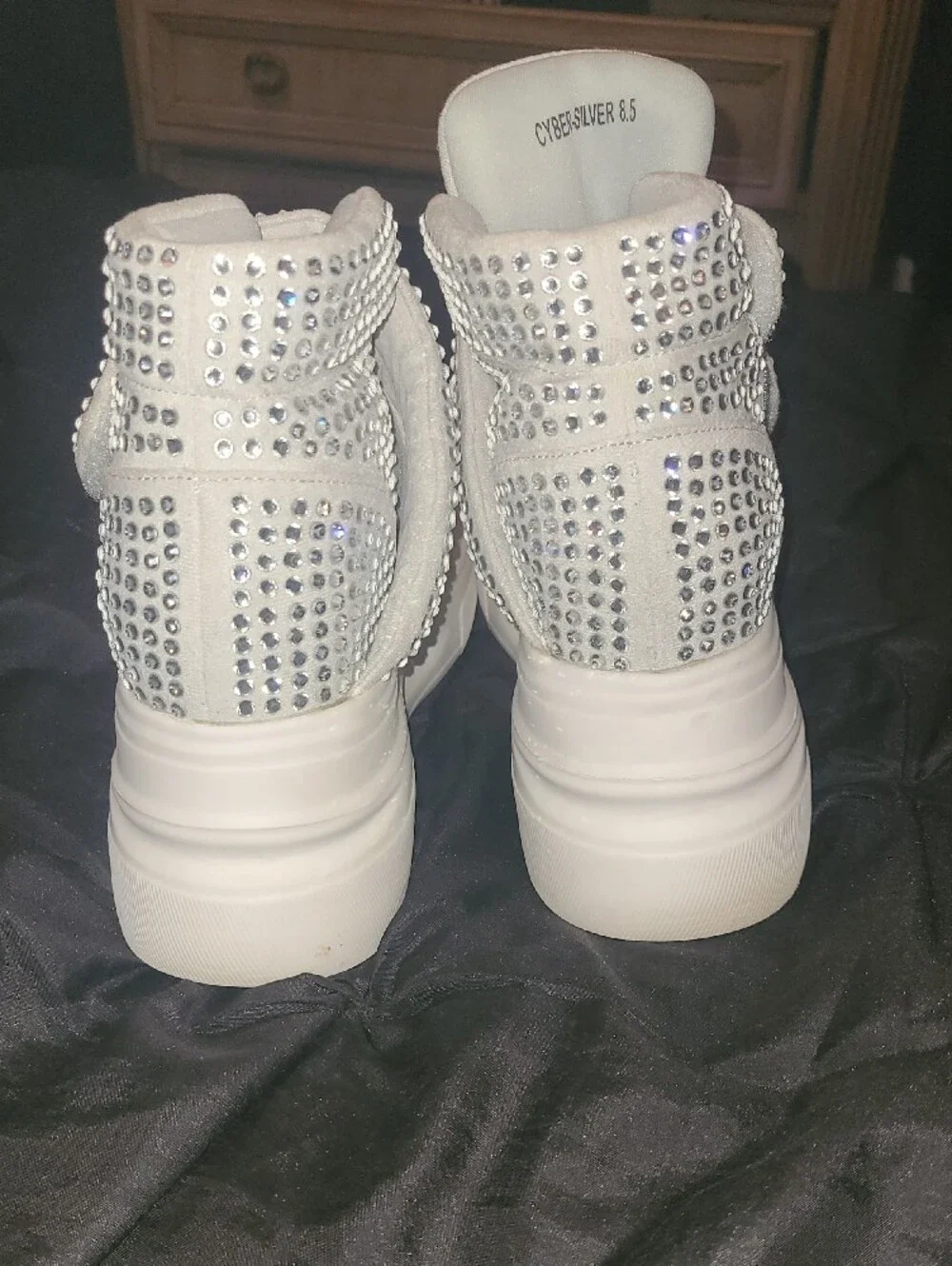 White Crystal-Studded Platform Sneakers